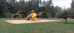 Ķegums斯聂德斯野营地的公园里一个带黄色滑梯的游乐场