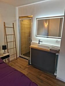 PrésillyFerme de la Gibussière的一间卧室配有一张带镜子和梯子的书桌