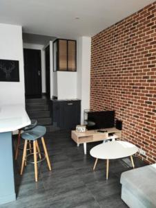 勒阿弗尔Le Havre, 1 chambre , appartement Sympa en centre ville的带沙发和砖墙的客厅