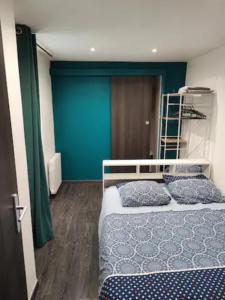 勒阿弗尔Le Havre, 1 chambre , appartement Sympa en centre ville的一间卧室设有两张床和蓝色的墙壁