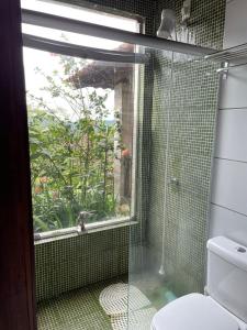 瓜拉米兰加Chalé romântico , rústico e vista de tirar o fôlego的带淋浴、窗户和卫生间的浴室