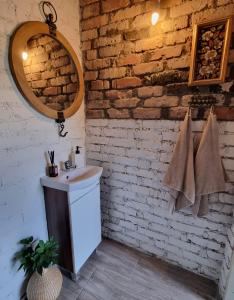 ŠvenčionysGluosnių vila - Adutiškio pirtis的一间带水槽和砖墙的浴室