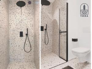 文茨皮尔斯Terra House的两张照片,浴室设有淋浴和卫生间