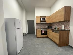 韦尔斯Wels Inn City Apartments的厨房配有木制橱柜和白色冰箱。