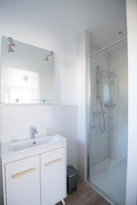 蓬蒂维莱斯尚布勒斯鲁尔梅尔酒店的白色的浴室设有水槽和淋浴。