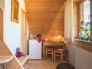 扎科帕内Willa Mirwa的一间小厨房,厨房内配有冰箱和桌子,位于一个小房子内
