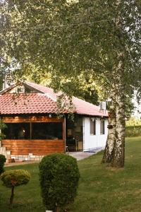 上米拉诺瓦茨Vikendice Stara Pruga的白色的房子,有红色的屋顶和一棵树