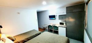 扬Goldrush Motel Young CBD的小型酒店客房设有床和厨房