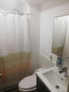 利马Piso 21 - Habitaciones en departamento - compartido的浴室配有卫生间、盥洗盆和淋浴。