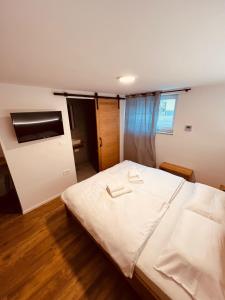 戈雷尼斯卡地区采尔克列PJagodic Hotel Cerklje - 5min to Airport的卧室配有白色的床和电视。