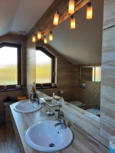 米库洛夫Apartmán Mikulov的一间带两个盥洗盆和大镜子的浴室