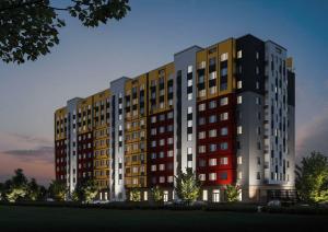 阿拉木图Апартаменты ЖК Lotus Terrace的红色和黄色的建筑的 ⁇ 染