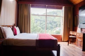 ShogiOakwood Hamlet Resort的一间卧室配有一张床、一张书桌和一个窗户。