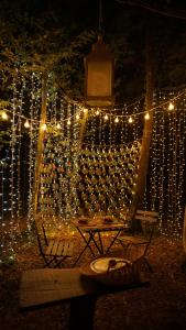 ParmilieuÔ Pays Des Bois - Hébergements insolites en pleine nature的一串挂在树上的灯光,上面有桌子