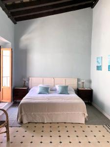 圣玛丽亚港Patios del Agua的一间卧室配有一张带蓝色枕头的大床