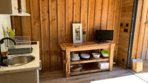 阿雷斯La cabane de marie的一个带水槽的厨房和木墙上的电视