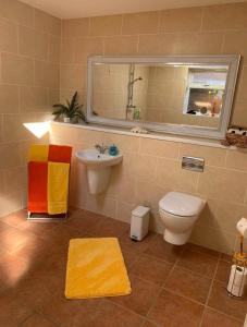 WellowPoppy Annex的一间带水槽、卫生间和镜子的浴室
