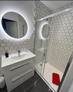 兰贝里斯Llanberis Lodges的带淋浴、盥洗盆和镜子的浴室