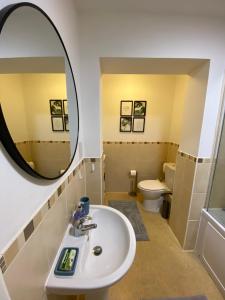 伯恩茅斯1 bedroom apartment in the heart of Bournemouth的一间带水槽、镜子和卫生间的浴室