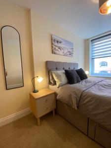 伯恩茅斯1 bedroom apartment in the heart of Bournemouth的一间卧室配有一张床和一面大镜子