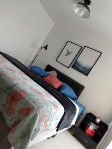 特鲁希略A minutos del centro Con cochera的一间卧室配有一张带蓝色枕头的床