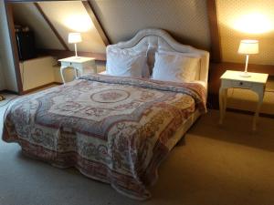 赞丹桑斯安斯风车村美好住宿的一张位于酒店客房的床位,配有两张桌子和两盏灯