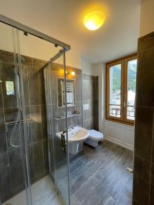 夏蒙尼-勃朗峰Hotel La Verticale的带淋浴、盥洗盆和卫生间的浴室