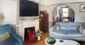 切斯特Park View的客厅配有2把蓝色椅子和壁炉