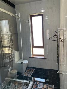 TürkistanKERUEN SARAY APARTMENTS 27/2的带淋浴和卫生间的浴室以及窗户。