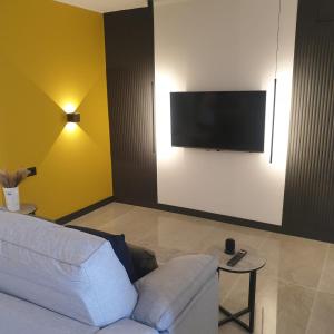 阿尔巴塞特Urbanlux Olimpia Familiar的客厅配有白色沙发和平面电视。