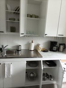 赫尔辛基Ihan Puotilan Metron lähellä的厨房配有白色橱柜和水槽