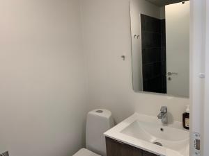 AnholtPakhuset Anholt的白色的浴室设有水槽和镜子