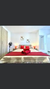 阿格特Apartamentos Harizan的一间卧室配有一张带红色枕头的大床