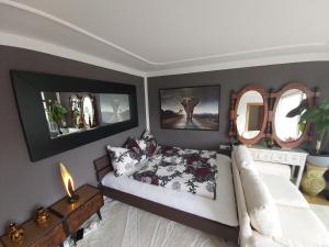 沙恩Penthouse with beautiful 360 terrace的一间卧室配有一张床和两面镜子