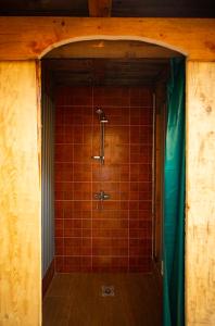 Camp Ćuk的带淋浴的浴室和红色瓷砖墙壁