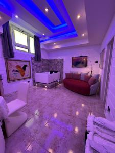 法萨诺GianLuis Luxury Suites的客厅配有紫色照明、沙发和椅子