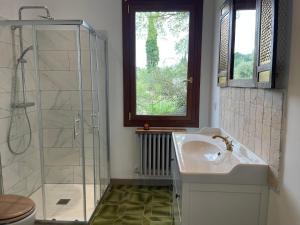卢马罕CARLIN Ferme Haute Prairie的一间带水槽和玻璃淋浴的浴室