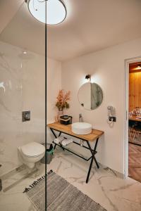 泽尔内什蒂Scandinave Chalet Bran的一间带卫生间、水槽和镜子的浴室