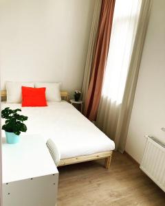 布鲁塞尔Benny's Rooms Brussels City Centre的一间小卧室,配有一张带红色枕头的床