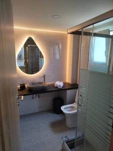圣加利尼THROUBI VILLA的一间带水槽、卫生间和镜子的浴室