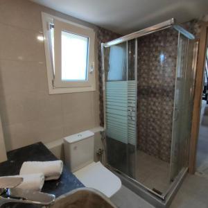 圣加利尼THROUBI VILLA的一间带玻璃淋浴和卫生间的浴室