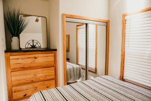 奥斯汀The Bison Cabin - The Cabins at Rim Rock的一间卧室配有一张床、梳妆台和镜子