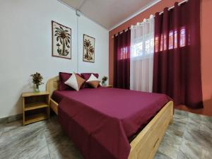 阿姆巴托洛阿卡Residence Casablanca的一间卧室配有一张带紫色床单的床和窗户。