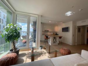 奥斯陆Exclusive apartment, sea view to Oslo fjord, located on water in Oslo center的带沙发和大窗户的客厅