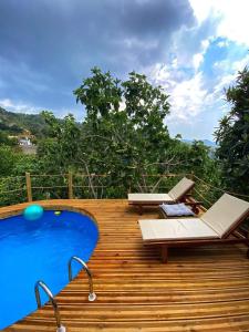 阿格罗斯Aprosmeno Jacuzzi House 3 With Private Pool的木甲板,设有游泳池和椅子