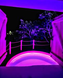阿格罗斯Aprosmeno Jacuzzi House 3 With Private Pool的紫色的带灯光的走道,后面有树