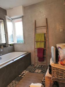 Eaucourt-sur-SommeB&B Egloff的带浴缸的浴室和电视。
