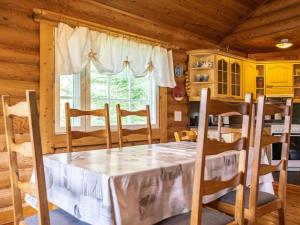 Kangashäkki萨拉维图帕度假屋的小屋内带桌椅的用餐室
