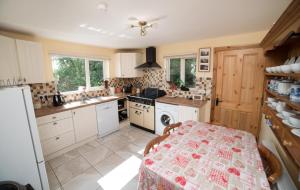 Torpys Cross RoadsBallygown Cottage的厨房配有桌子和炉灶。 顶部烤箱