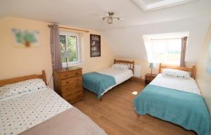 Torpys Cross RoadsBallygown Cottage的一间卧室设有两张单人床和一个窗户。